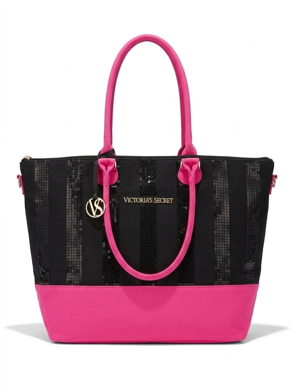 Victoria's Secret Black and Hot Pink Sequin Stripe Tote NWT